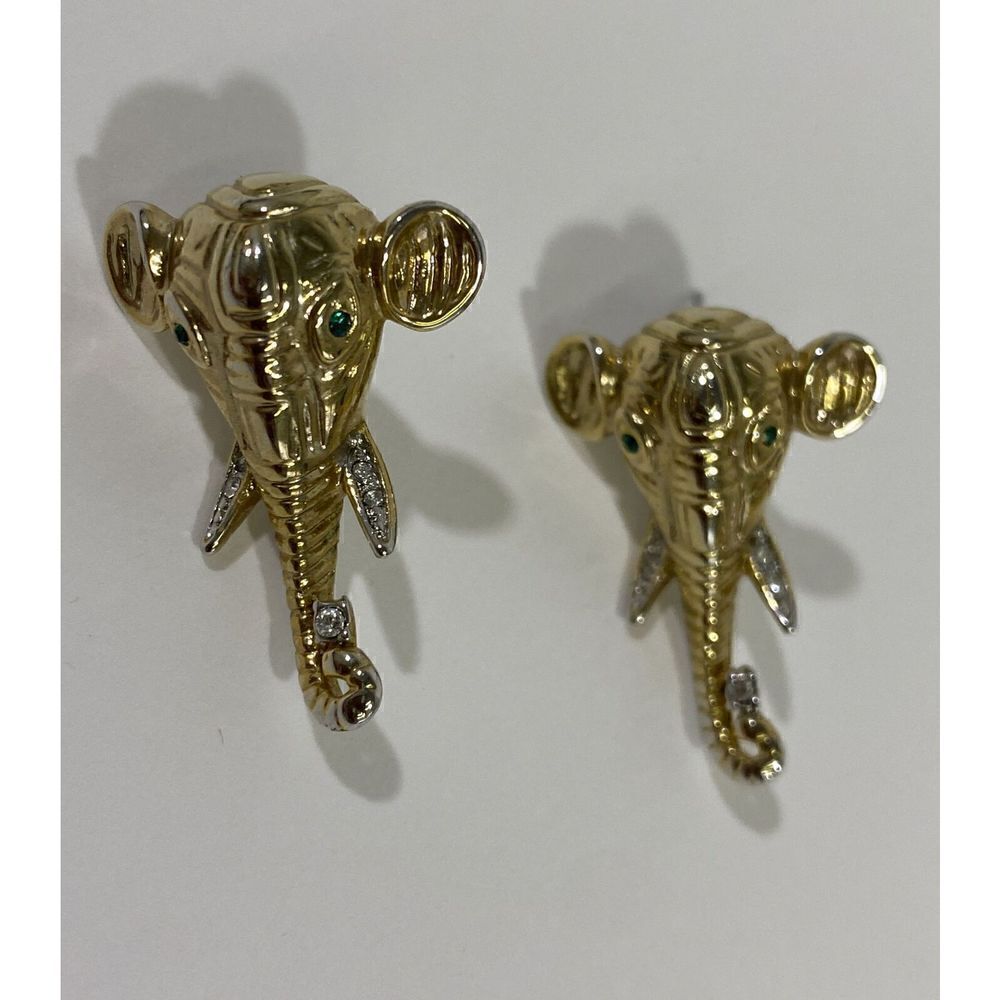 Vintage Elephant Pierced Earrings Rhinestone Gold Faux Emerald Eyes‎